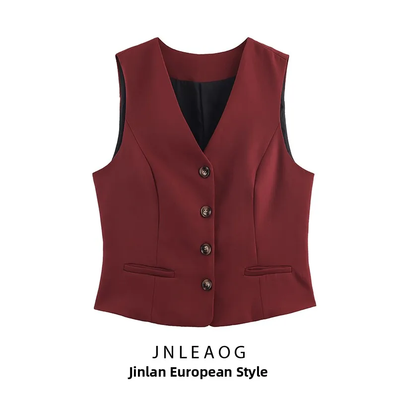 

Faionable Wine Red Suit Jaet Vest for Women by JNLEAOG Autumn New Sle Versatile Bloggers Commute round Ne Polyester F...