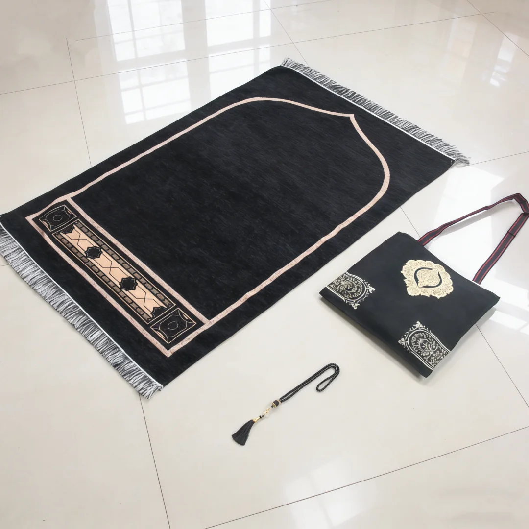 Black Bag 2-Piece Set, Ideal for Gifting: Thickened Non-Slip Chenille Prayer Mat with Matching Storage Bag and Prayer Beads