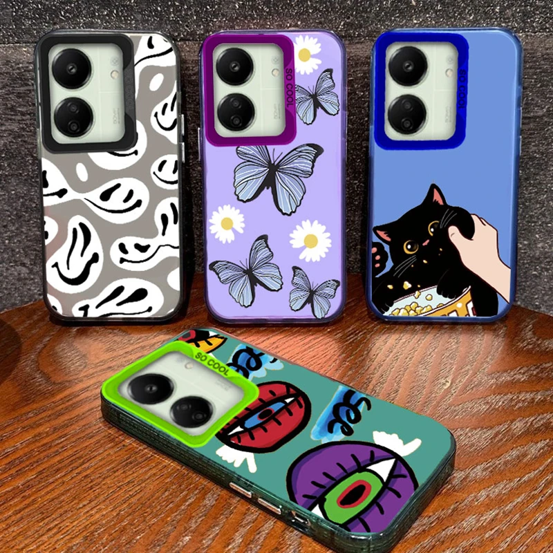 Funda de teléfono con cara sonriente y mariposa para Xiaomi Redmi 13C 4G Note 13 Pro 5G Poco C65 X6 M6 Pro, funda de silicona TPU a prueba de golpes