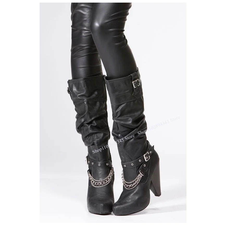 

Black Chain Buckle Knee High Leather Boots Strange Style Heel Fashionable Sexy Novel Western Winter Woman Shoes Zapatillas Mujer