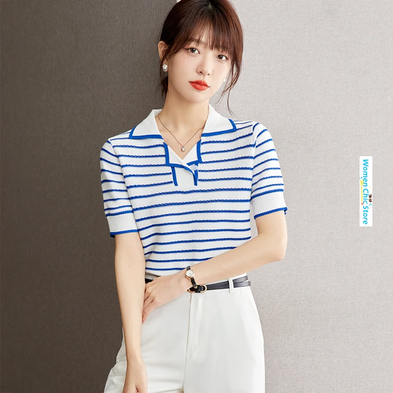 

Short Sleeve Lapel Contrasting Striped Short Sleeved Knit Bottom T Shirt Women Tops 2024 Summer Elegant Chic Slim Sweater C2910