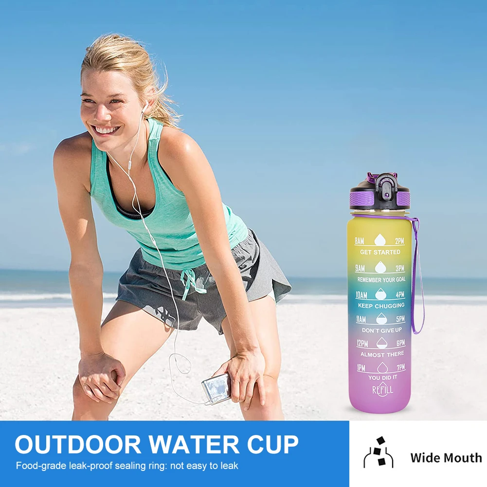 1L Gradient Color Motivational Sports Water Bottle with Time Marker Leak-proof Drinking Water Bottle Outdoor Sports Travel Kettl
