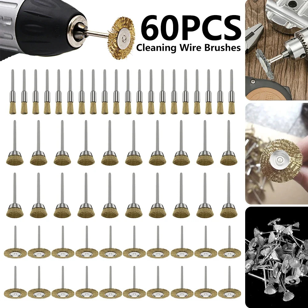 

60PCS Wire Brass Wheel Brush Rotary Drill Bit Metal Rust Removal Polishing Brush Deburring Shape Wheel Brush
