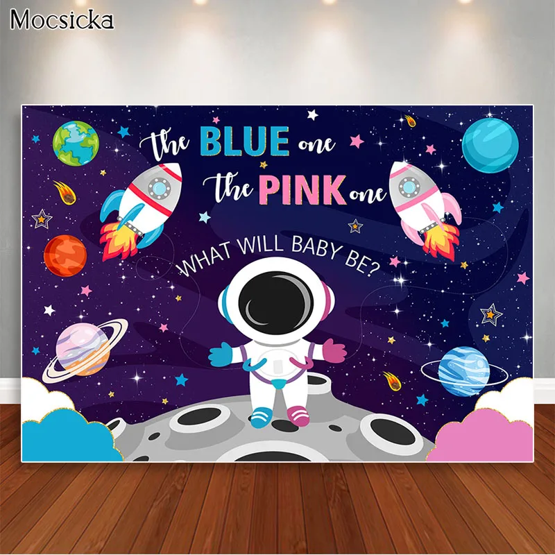 Outer Space Gender Reveal Photography Background Astronaut Rocket Blue Or Pink Party Backdrop Banner Planet Galaxy Photo Props