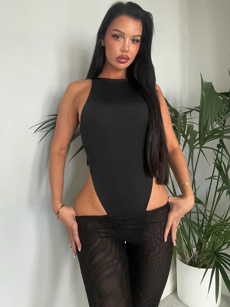 

Whatiwear Wild Style 2 Piece Set Women Midnight Hipster Skinny Bodysuits+Mesh See Through Long Pants Street Sexy Fashion Suits