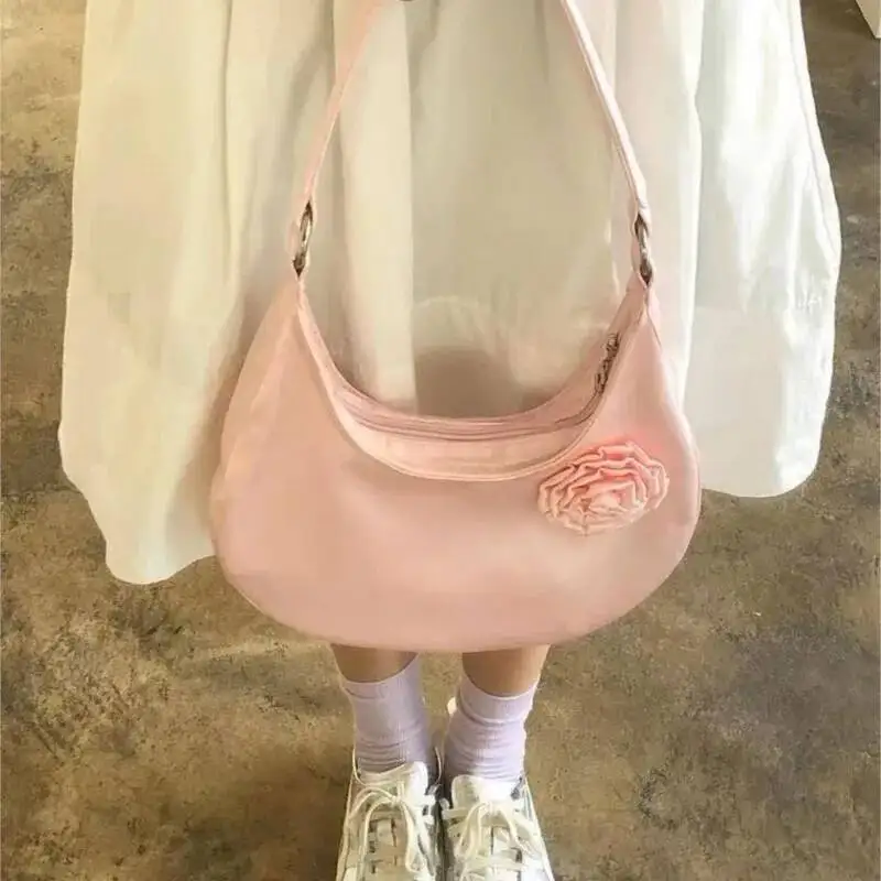 Bloom Fairy Core Y2k Women Hot Girls Silk Rose Blossoms Half Moon Shoulder Bags Handbag Female Blue Underarm Bag Purse