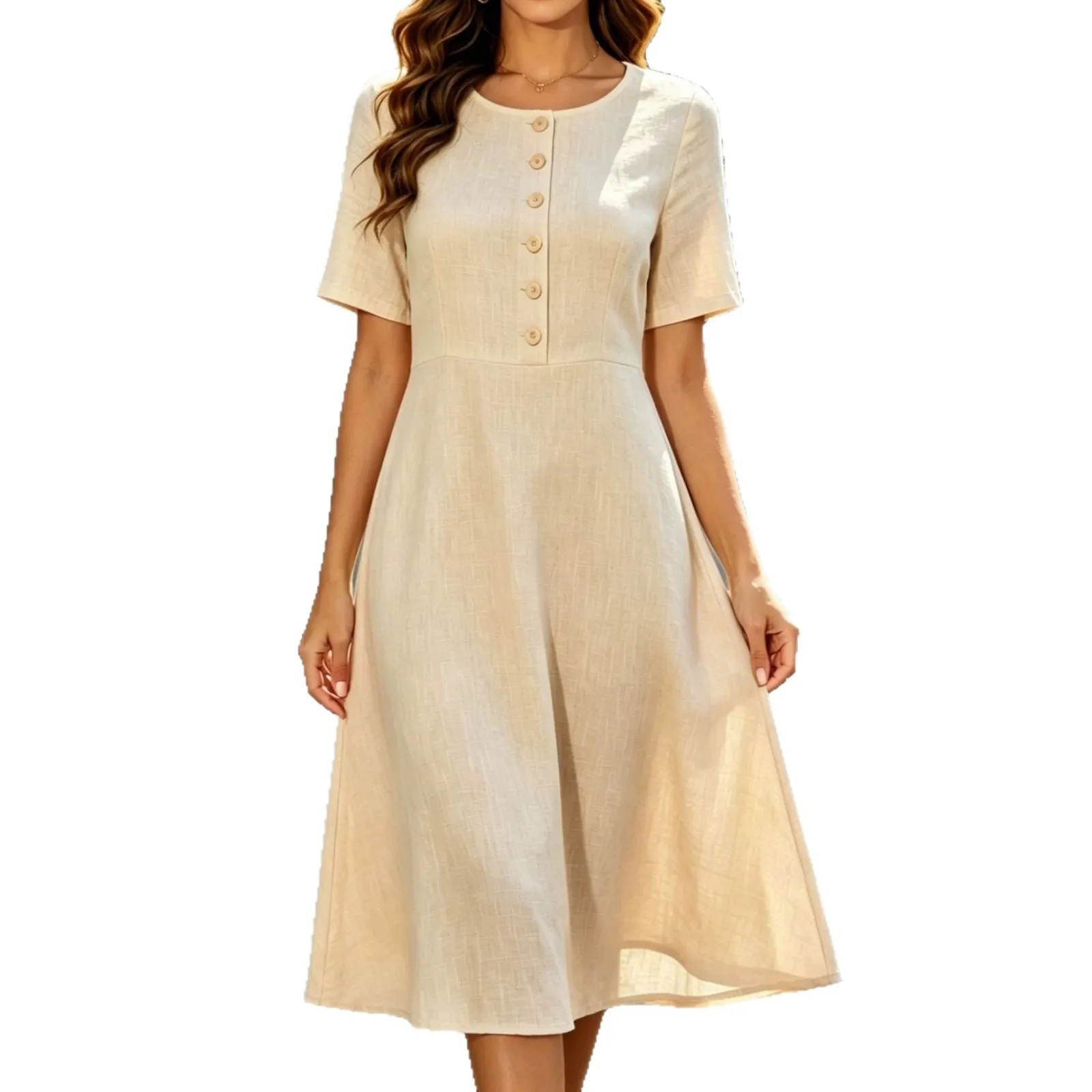 Women Cotton Linen Midi Dresses Round Neck Button Front Short Sleeve A Line Casual Long Dress Office Work Elegant Summer Dresses