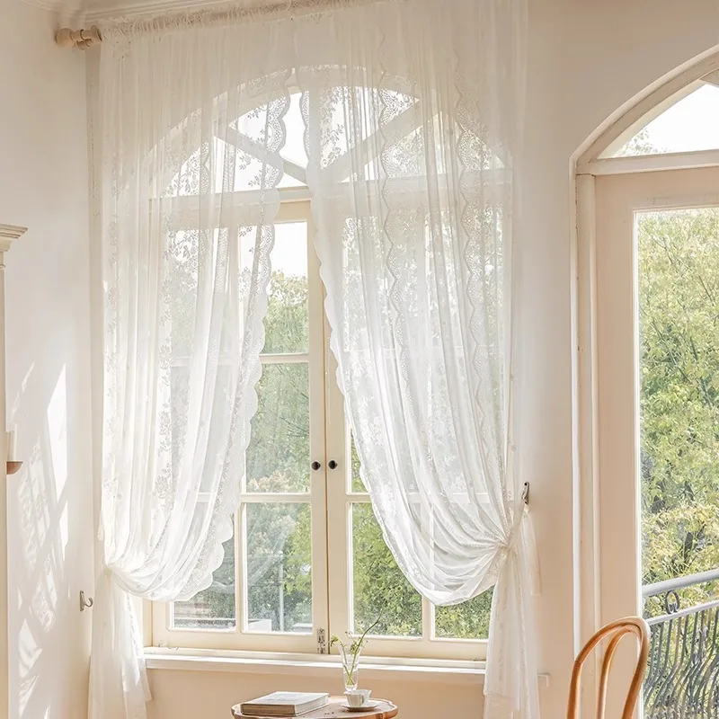 1 unidad de cortinas de encaje blanco, cortinas transparentes de encaje para sala de estar, cortinas de encaje florales Vintage de lujo para dormitorio