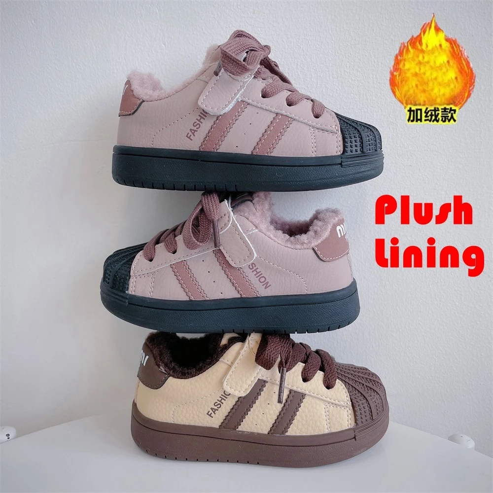 Tênis de pelúcia infantil, sola macia, quente, casual, estilo coreano, grosso, meninos, meninas, sapatos de escola, novo, inverno