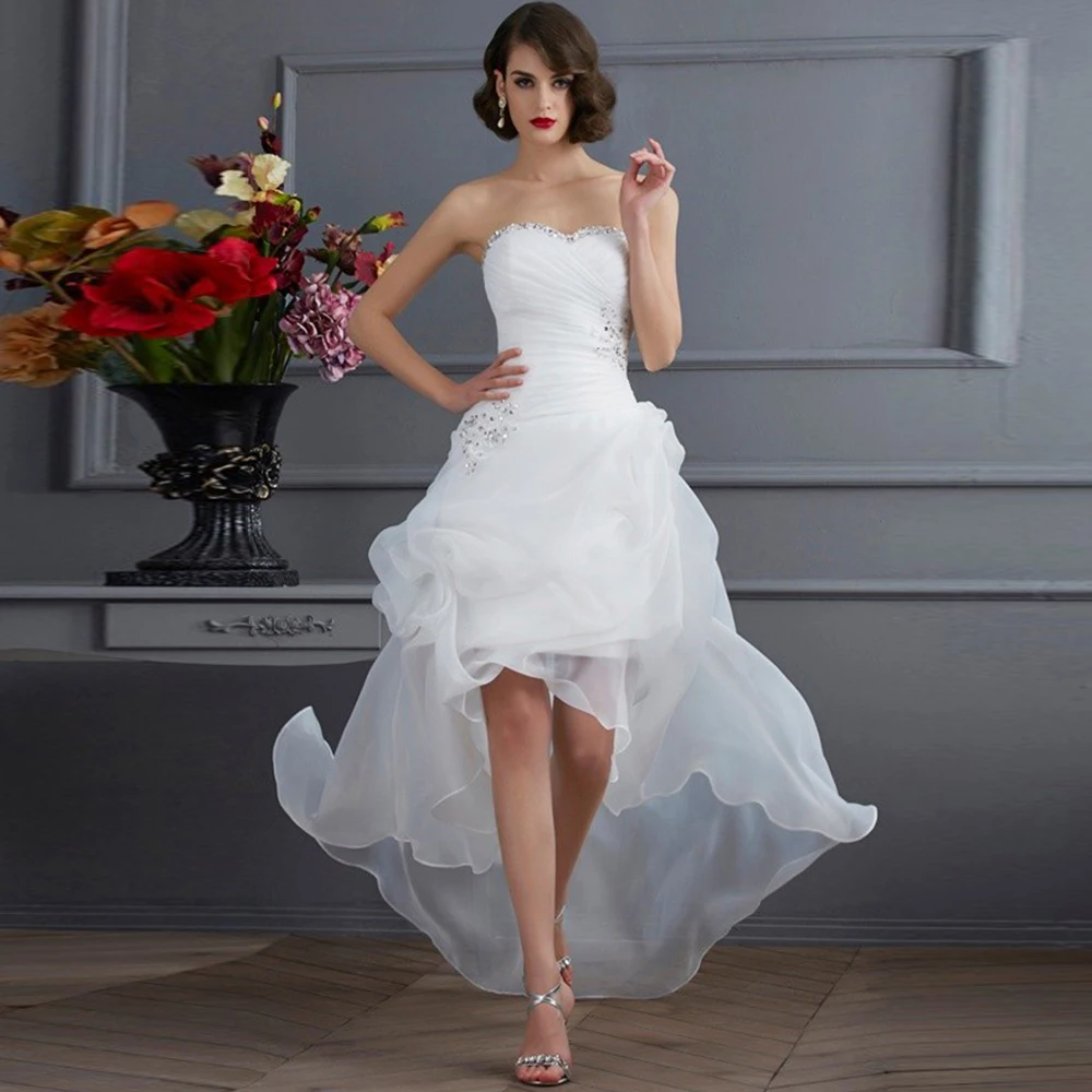 Modern White Organza Wedding Dresses Strapless Bead Hi-Low Ruched Stylish Bridal Gown For Woman Corset Custom Свадебное платье