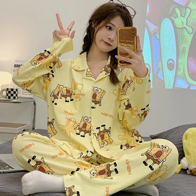 2Pcs 디즈니 미키 마우스 여성용 긴팔 잠옷 세트 카와이 애니메이션 만화 소녀 패션 봄 캐주얼 학생 홈 의류