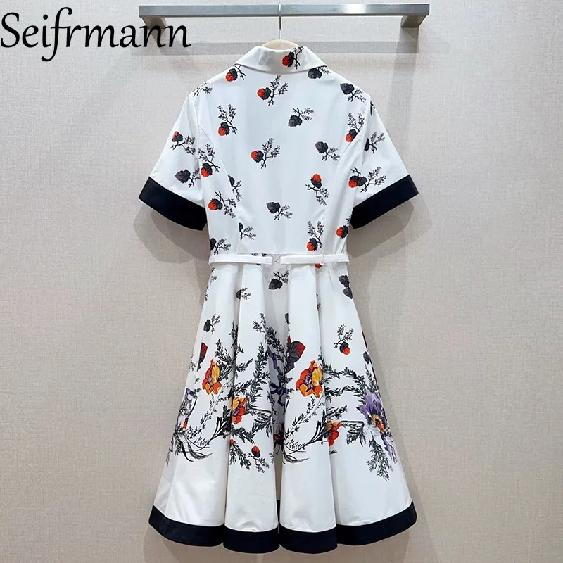 Seifrmann Casual Printed Cotton Dress Lapel Short Sleeves Lace Up Waist Dress 2026 Summer Women's New Style