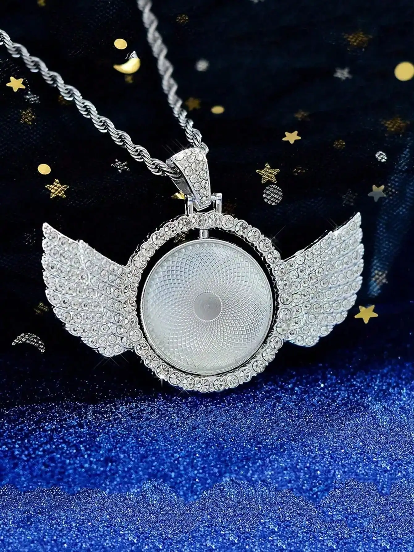 1 personalized photo pendant necklace, custom picture angel wing pendant necklace, unisex sequin gold and silver, fashion retro view 4