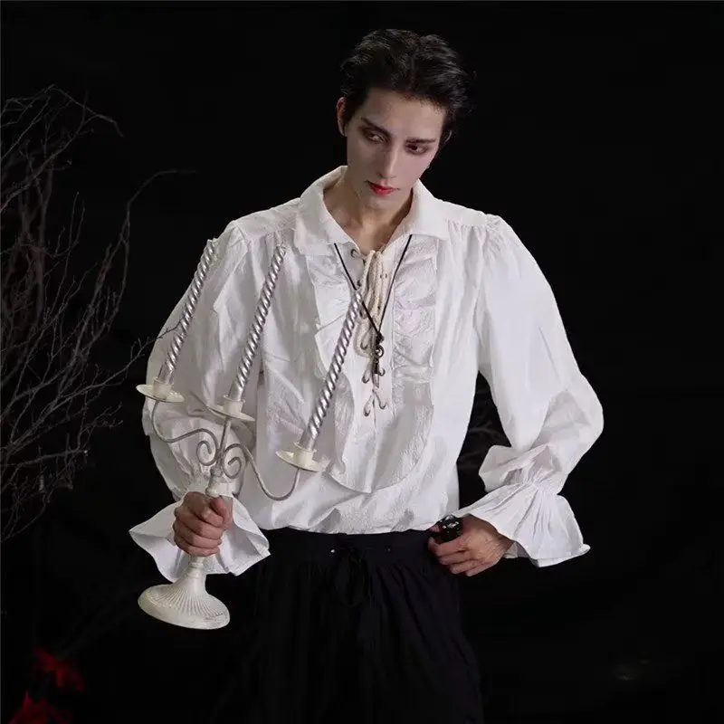 Halloween Knight Cosplay Medieval Literary Men's Pleated Top Men's Pirate vampire Strap flared sleeves Shirt T-shirt