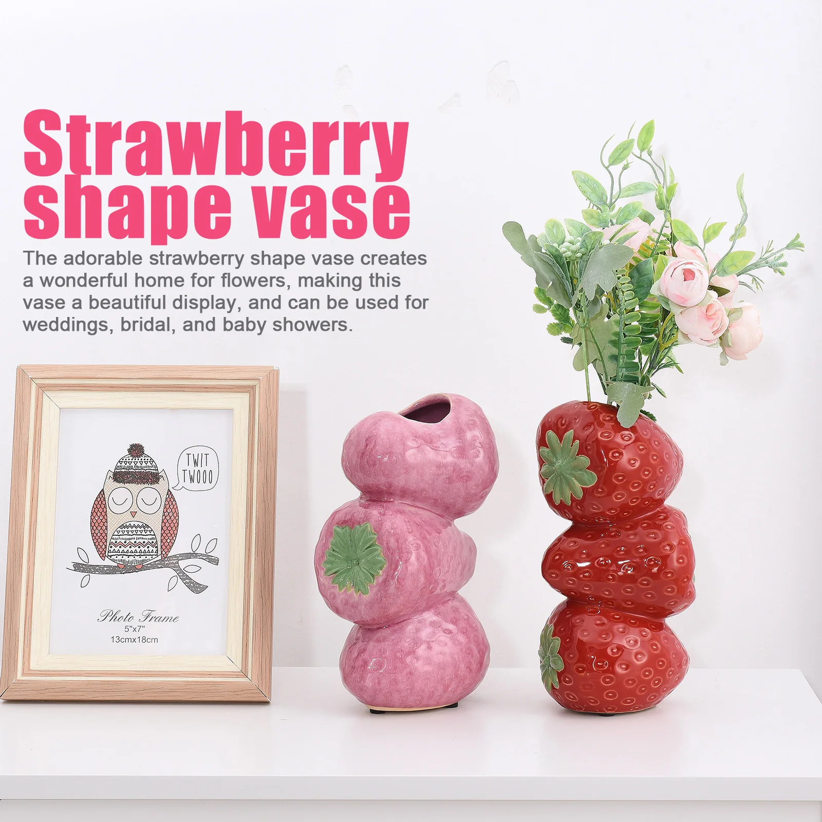 Strawberry Vase Decoration Creative Decorative Ceramic Artificial Fruit Ornament Plant Flower Arrangement Pot Desktop Home Decor