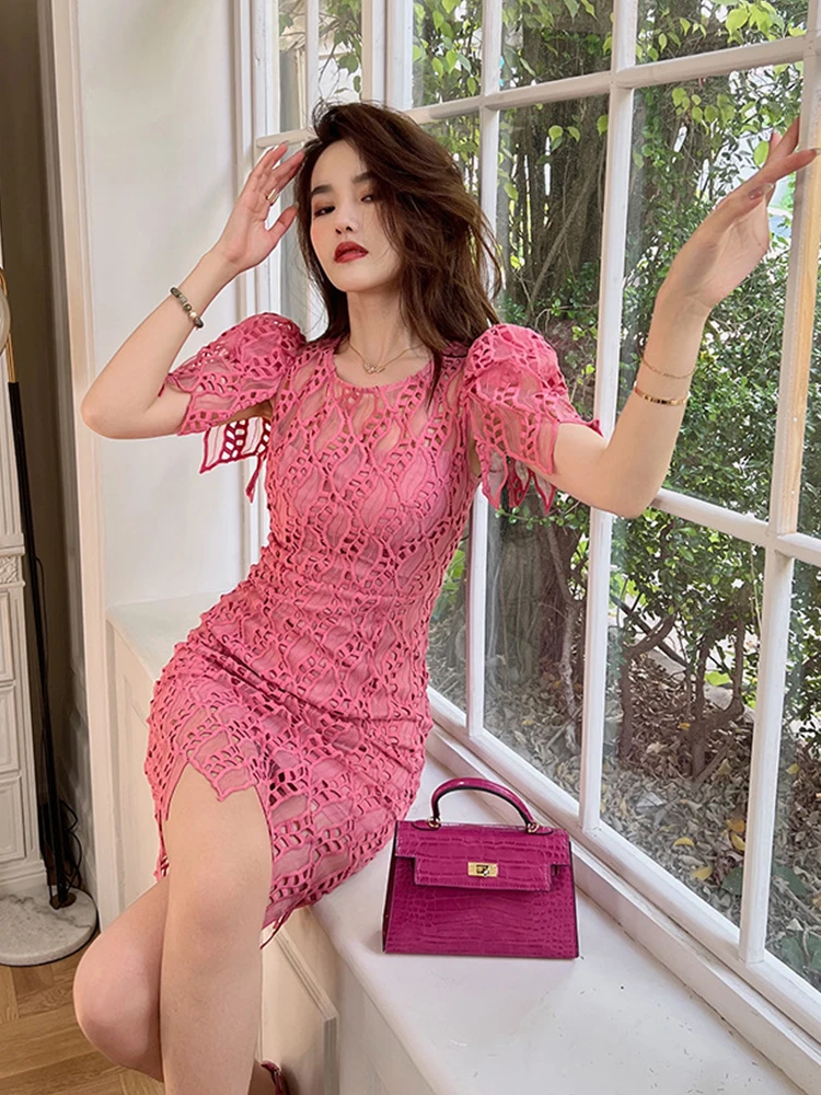 Summer Women Mini Dress Sweet Sexy Celebrity Chic Rose Red Sheer Lace Hook Flower Hollow Puff Sleeve Vestidos Femme Ropa Mujer