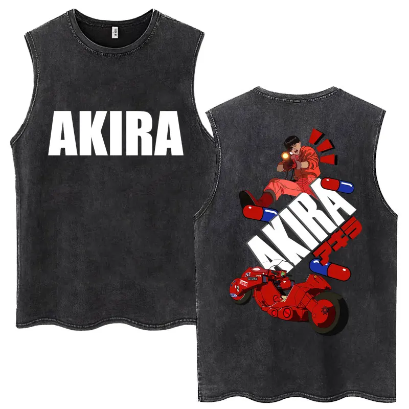 Anime Akira Vintage Washed Tank Tops 90s Science Fiction Movie Shotaro Kaneda Sleeveless Vests 100% Cotton Casual Loose T-shirts