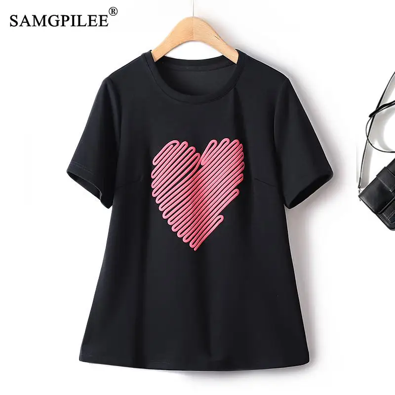 

T Shirt For Women 2023 Summer Sweet Y2k Streetwear Heart Figure Air Cotton Slim O Neck Short Sleeve Woman T-shirt Kawaii Clothes