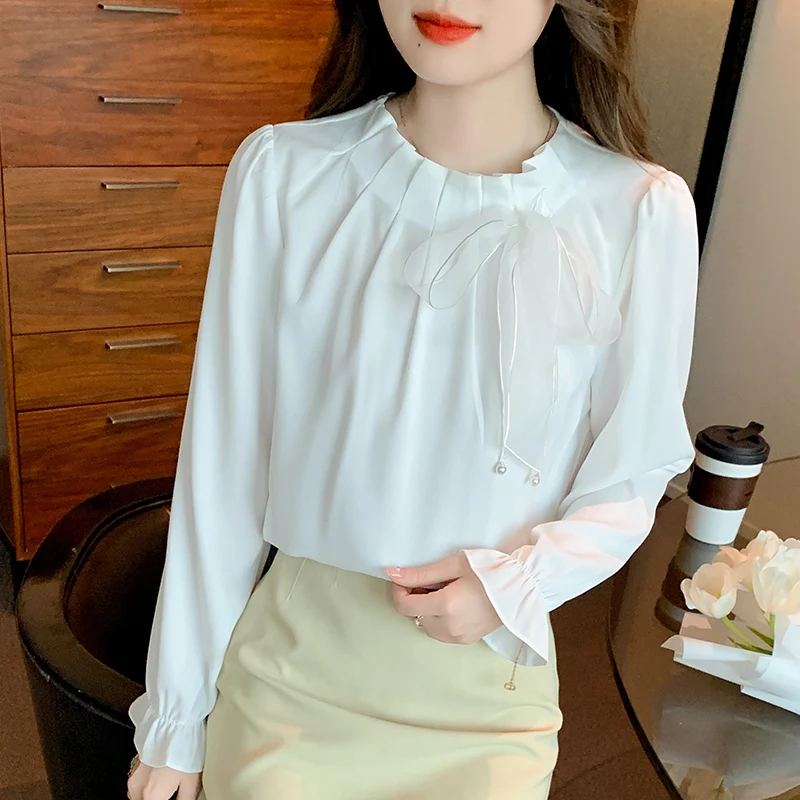 New Blusas Long Sleeved Women Blouse Bow O-Neck Whiet Chiffon Camisas De Mujer Blouse Shirt Women Tops Blouses Blusas Shirts M43