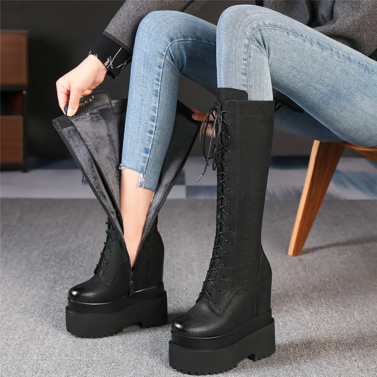 Winter Platform Pumps Shoes Women Lace Up Genuine Leather High Heel Snow Boots Female Round Toe Fashion Sneakers Casual Shoes