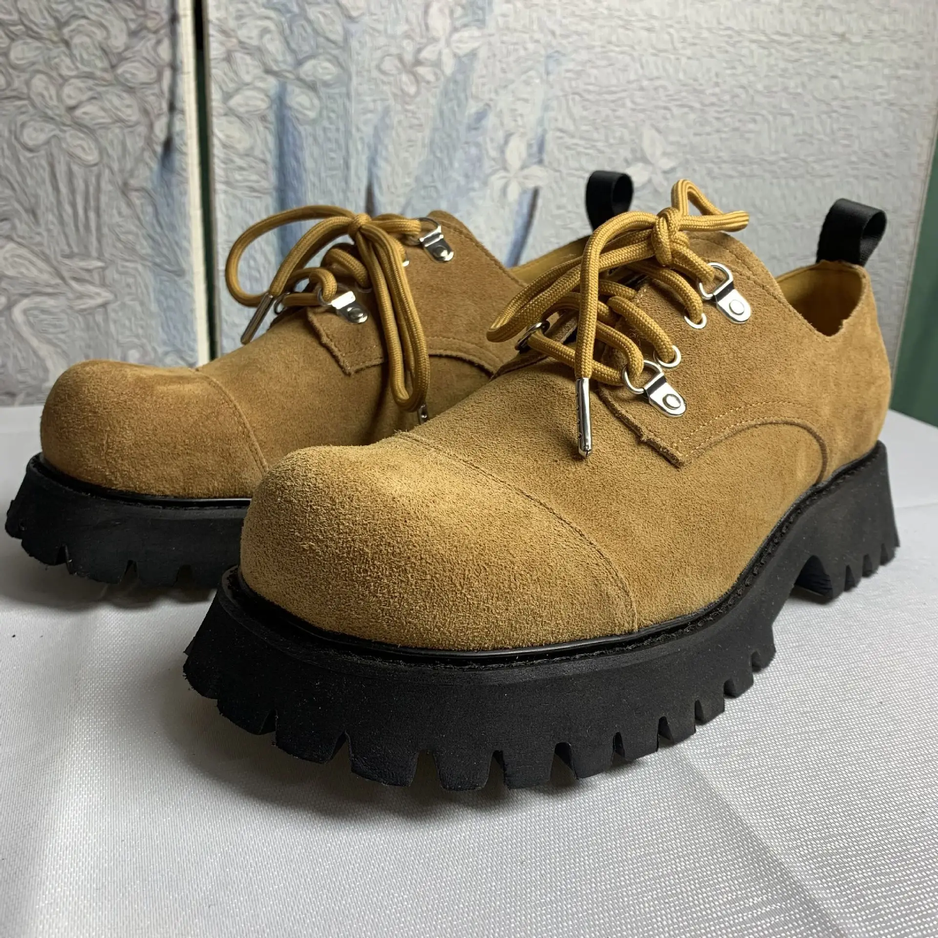 British Suede Lace-Up Single Shoes Thick Sole Heightening Round Head Muffin Big Head Leather Shoes Casual Women's Shoes 35&46