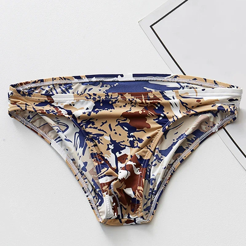 

Men's Swim Shorts Sexy Slip Homme Leopard Underpants U Convex Underwear Low-Waist Camouflage Smooth Elastic Ice Silk Briefs