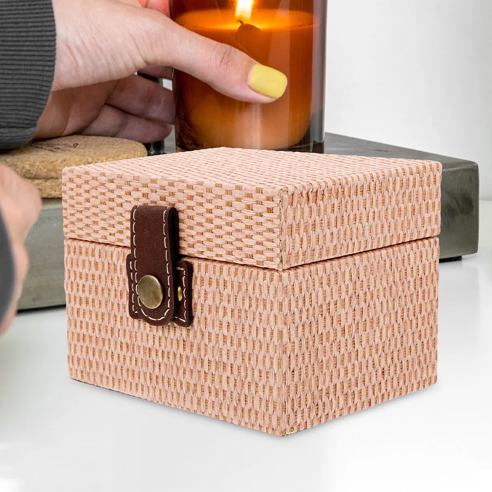 2Pcs Imitation Rattan Texture Jewelry Storage Box Lightweight Portable Flip Lid Trinket Organizer Case Decorative Jewelry
