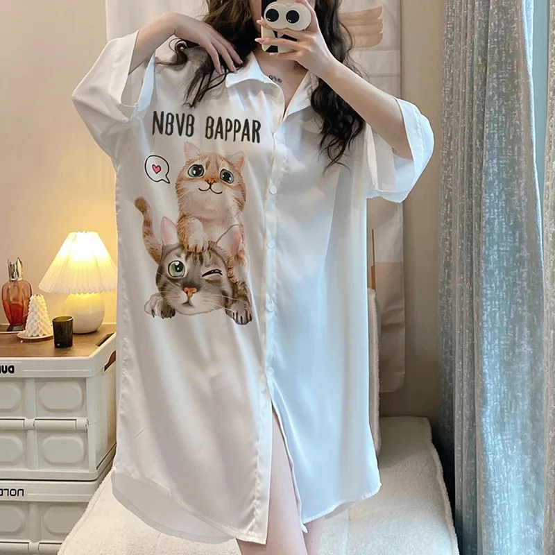 Summer Cardigan Women Pajamas Popular Free Styles for Girls Loose and Lazy Sleepwear Casual Home Dress Woman Nightgown