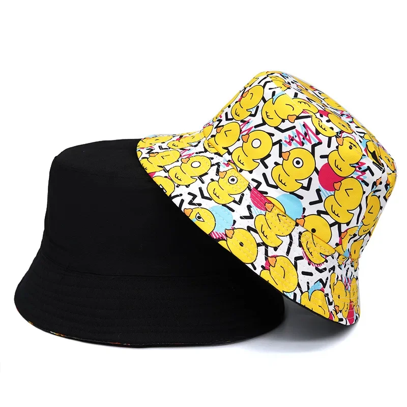 2024 Fashion Cute Duck Print Pattern Bucket Hats for Men Women Fisherman Hat Spring Summer Outdoor Sunscreen Cartoon Basin Caps