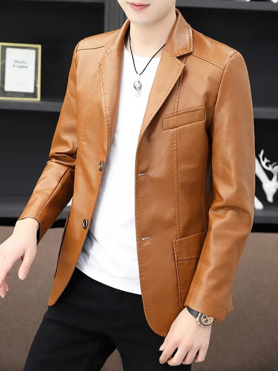 

Мужская приталенная куртка из искусственной кожи для делового и повседневного стиля, весна-осень, новая модель, с длинным рукавом, двусторонняя, Cleanfit