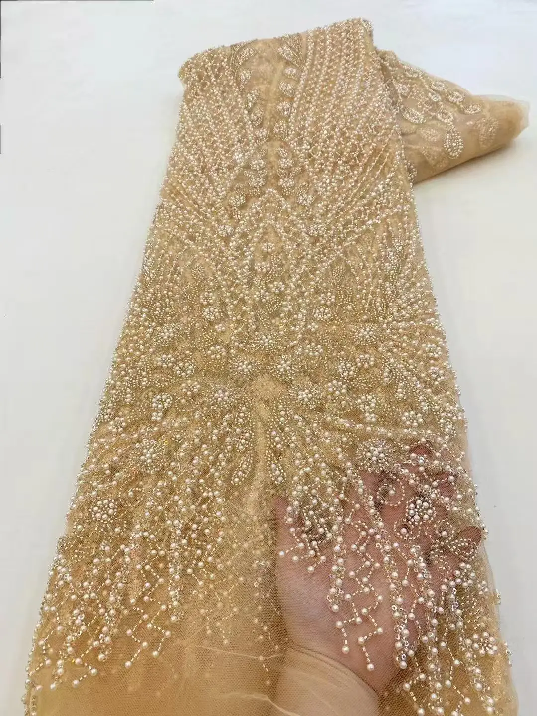 

African Luxury Beaded Tulle Lace Fabric 2025 Nigerian Handmade Heavy Sequins Pearls Lace Fabric Fro Bridal Wedding Dresses