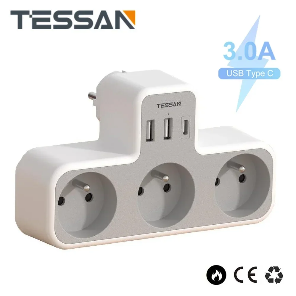 TESSAN FR Plug Wall Socket Extender with 3 AC Outlets 2 USB Ports 1 Type C 6 in 1 Multi Socket Power Strip Adapter for Home