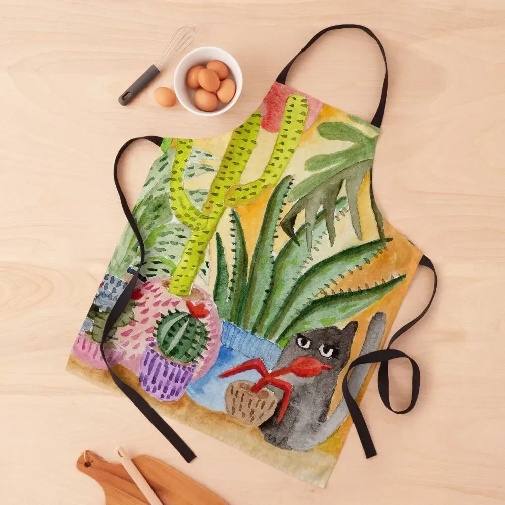 

Black cat and flower pots Apron for women with pocket restaurant accessories Men gift man chef uniform Apron