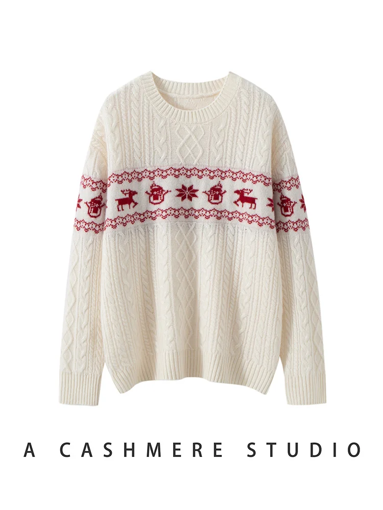 

Новогодняя одежда, 100% кашемировый свитер, пуловер, женские жаккардовые вязаные топы с круглым вырезом, мягкие осенне-зимние офисные повседневные свободные теплые топы