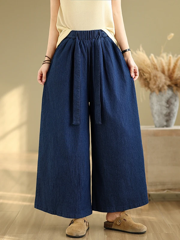 

Summer Thin Wide Leg Jeans Loose Fit High Waist Nine Pou Blue Denim Belt with Knot for plus Size Women Casual Sle