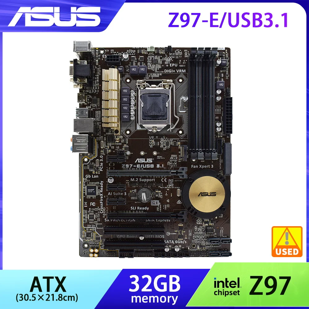 

Z97 Motherboard LGA 1150 ASUS Z97-E/USB 3.1 DDR3 32GB RAM Kit Xeon Intel Core i7 4770K Cpus DVI HDMI M.2 SATA3 ATX PCI-E 3.0