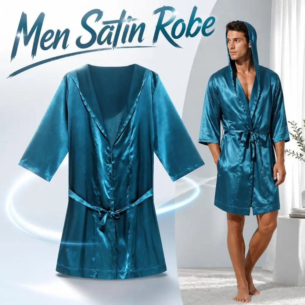 Simple Smooth Men Satin Robe Loose-fit Lightweight Silk Bathrobe Short-sleeve Comfortable Mens Dressing Gown Nightwear