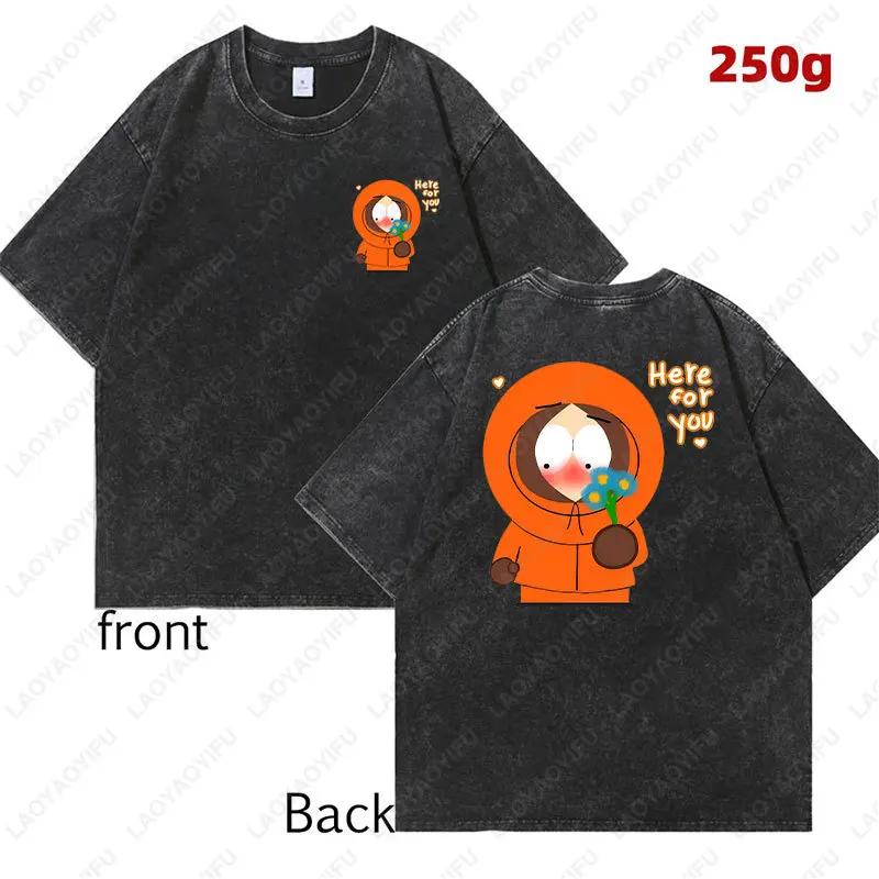 Funny South Park Cartoon Character Shirt Comfort Washed Cotton Mens T-shirt Cute Kenny Print Tees Summer Streetwear Unisex tops