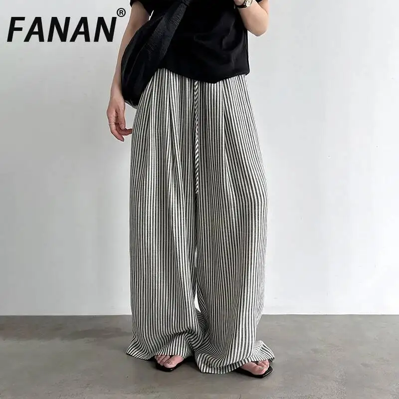 

FANAN Korean Style Striped Contrast Color Linen Pants For Women Drawstring High Waist Straight Loose Female 2026 Summer New