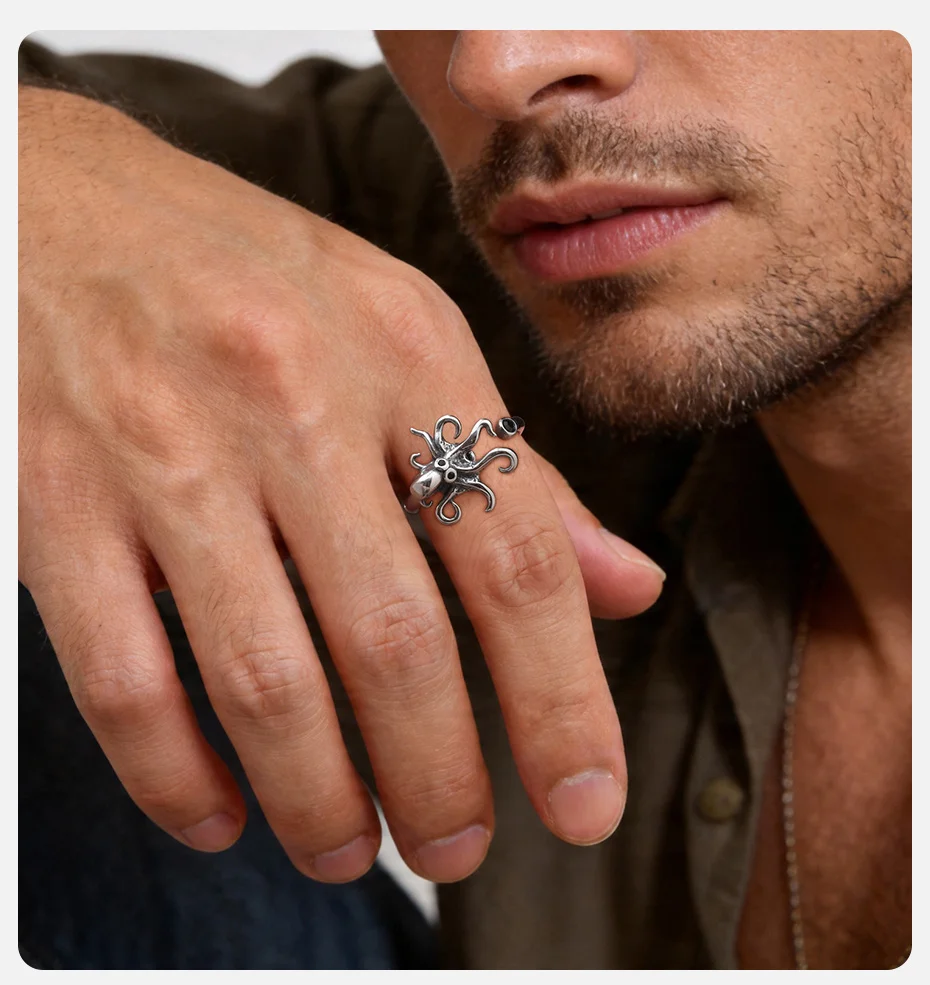 Vnox Vintage Edelstahl Oktopus-Ring, Punk-Tier-Ring für Männer und Frauen, Offener Verstellbarer Unisex-Schmuck Geschenke Größe 5-8 – Detail 3
