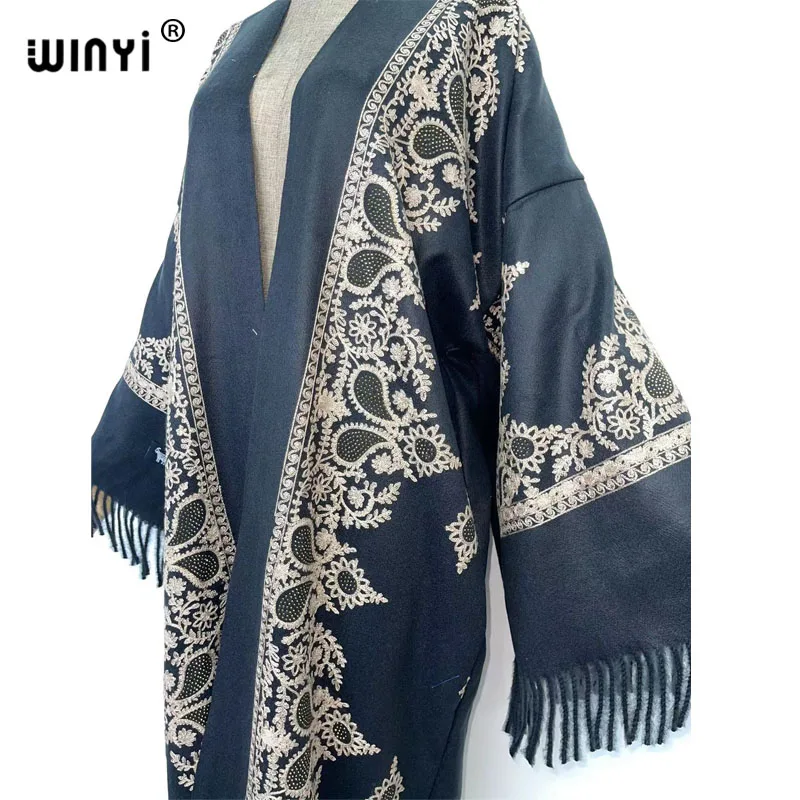 WINYI Winter Women tassel Pashmina haft długi płaszcz luźny, z klapami szata femme gruby ciepły bezpłatny rozmiar bliski wschód kobieta KIMONO