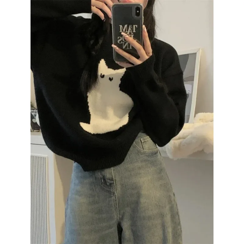 Sweet Sweater Pullover Women Cartoon Cat Pullover Autumn Winter Outwear Loose Vintage Knitted Tops Female Fashion