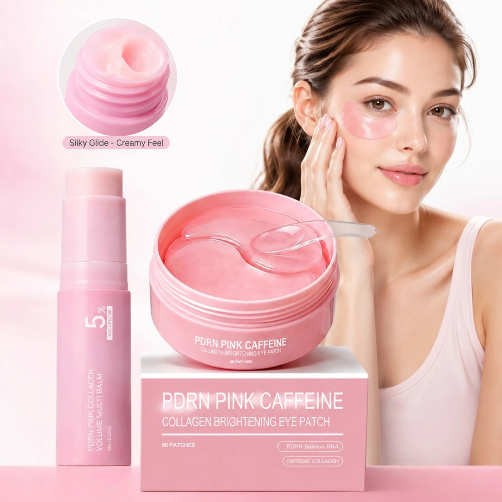 PDRN Pink Caffeine Eye Care Set - Collagen Brightening Eye Patches Multi Volume Balm Reduce Puffiness Moisturizing Firming Skin