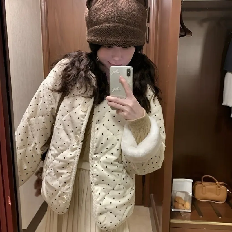 Women Polka Dot Corduroy Padded Coat Round Neck Fleece Cuff Loose Winter Jacket