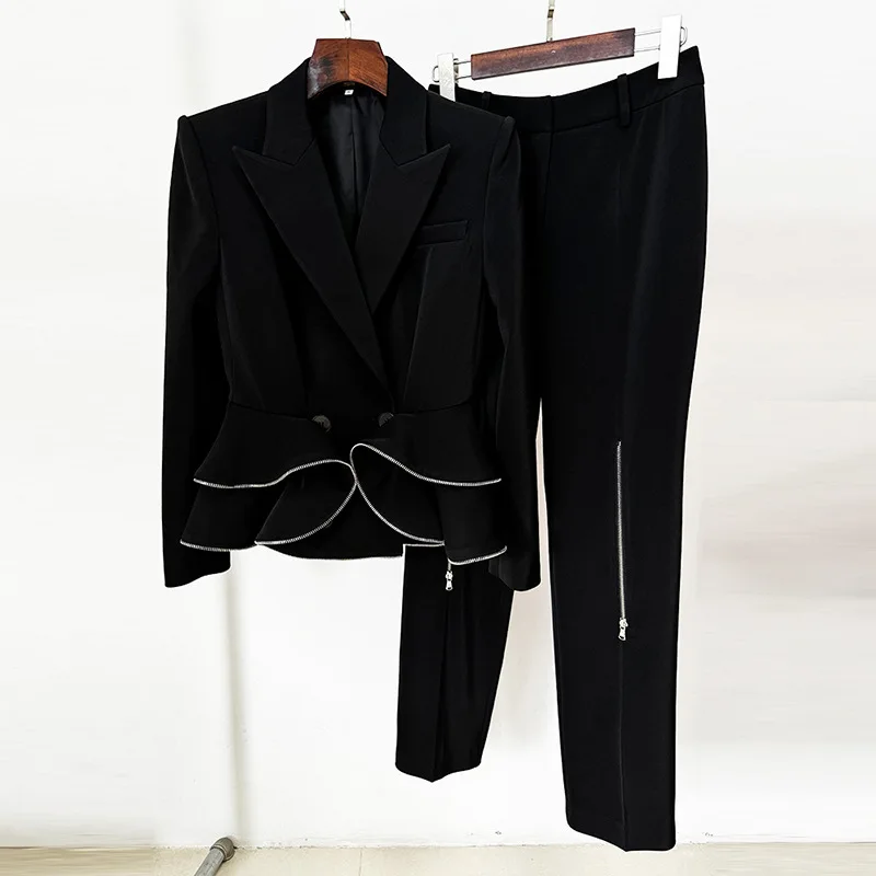 Quality Autumn Winter Fashion Two Piece Set Women Blazer Suit Coat Skinny Long Pants Suits Black 2pcs Outfits