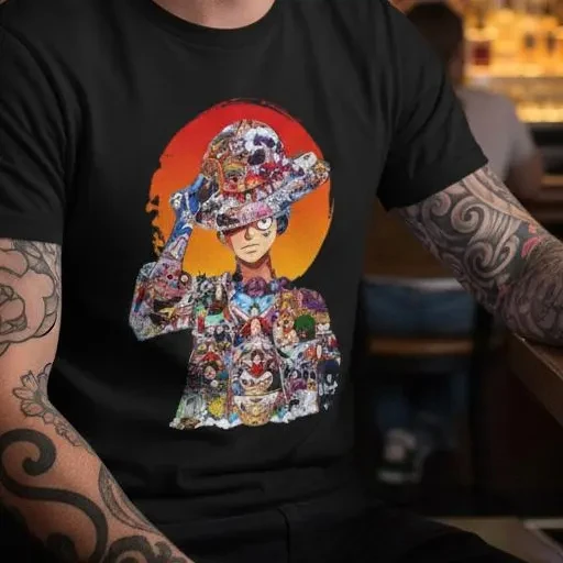 Camiseta de anime de una pieza - Diseño de collage de sombrero de paja de Luffy - Camisa de manga colorida para Otakus, fanáticos del anime y regalo de cosplay