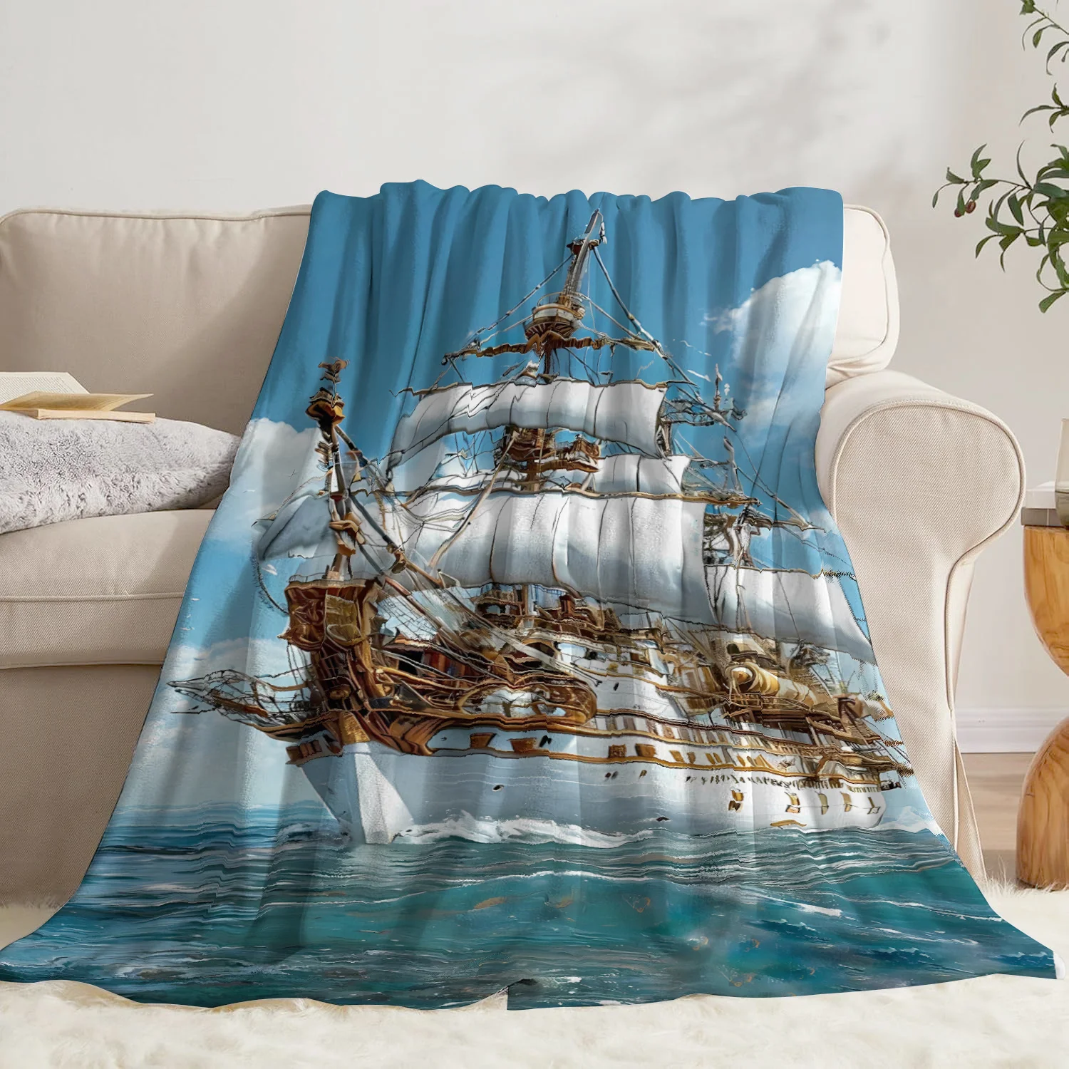 Flannel Printed Blanket Pirate Ship Ocean Adventure Design Soft Cozy Throw Blanket Home Decor Gift