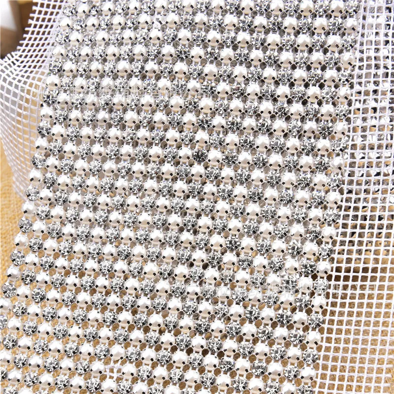 1 Yard Clear Faux Pearl Rhinestone Crystal Mesh Sew On Trims Wedding Dress Costume Applique Jewelry Making