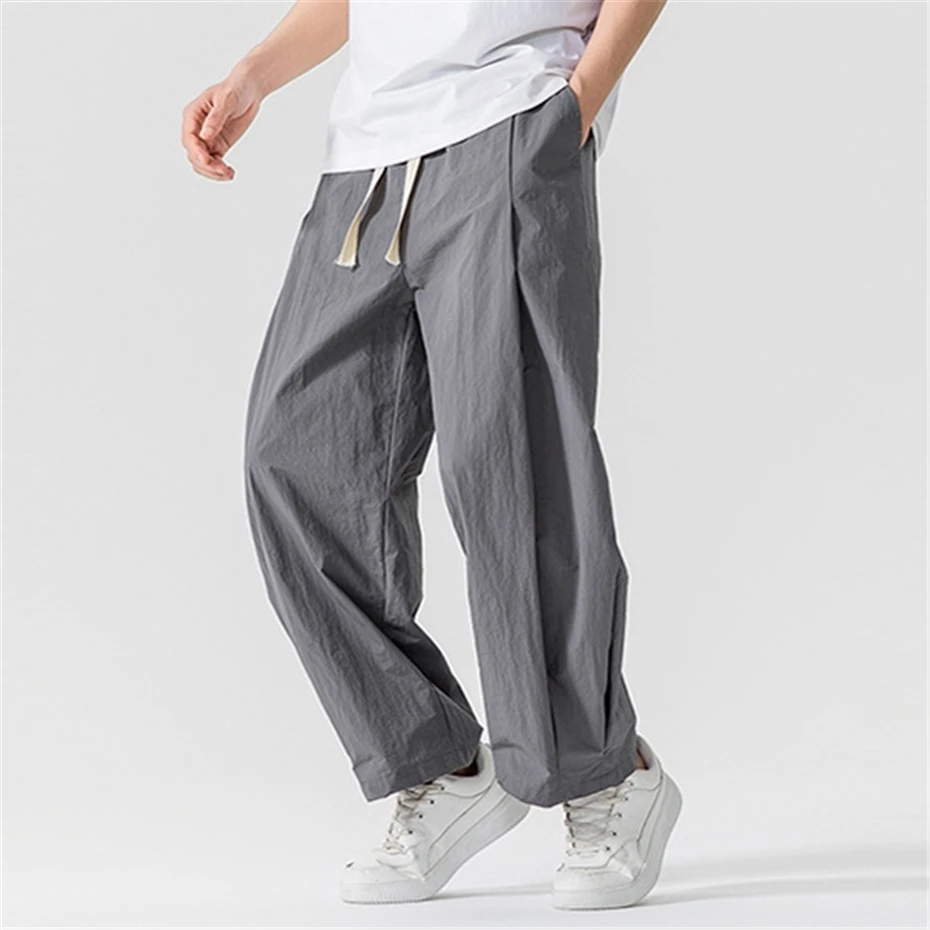 Large Size Thin Pink Pants Mens Summer Vintage Wide-leg Trousers Men Harajuku Japan Style Elastic Waist Baggy Casual Pant Male