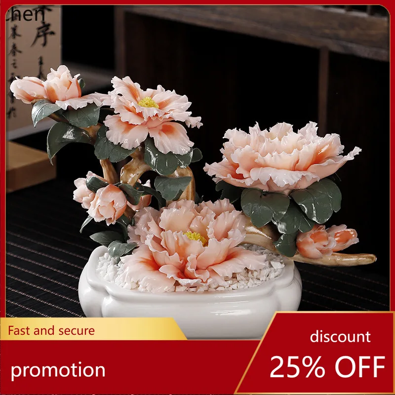 CZ Ceramic Luoyang Peony Flower Bonsai Desktop Office Living Room Housewarming Entryway Hotel Decoration High-end Gift